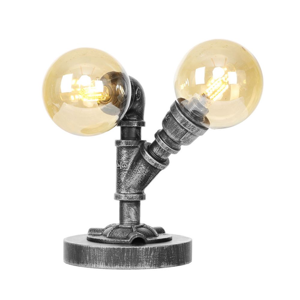 Lampada da scrivania a 2 luci Industriale tonalità rotonda e illuminazione da tavolo in vetro trasparente in argento antico