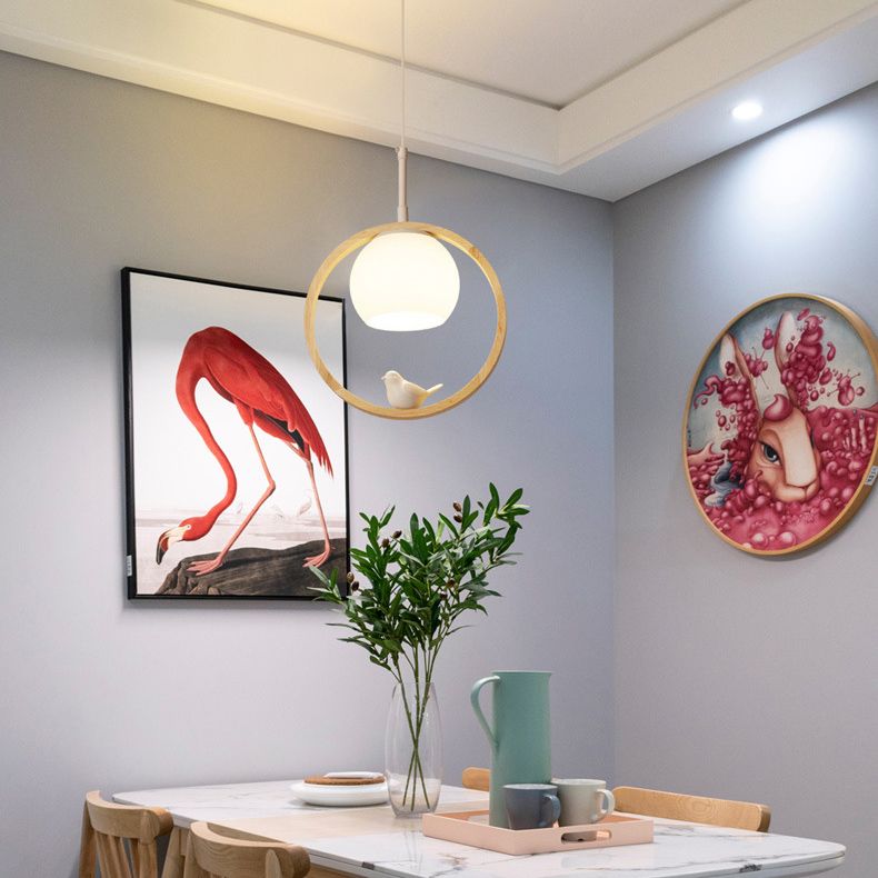Dome Shade White Glass Pendant Nordic Style Wood Suspension Light with Ring and Bird