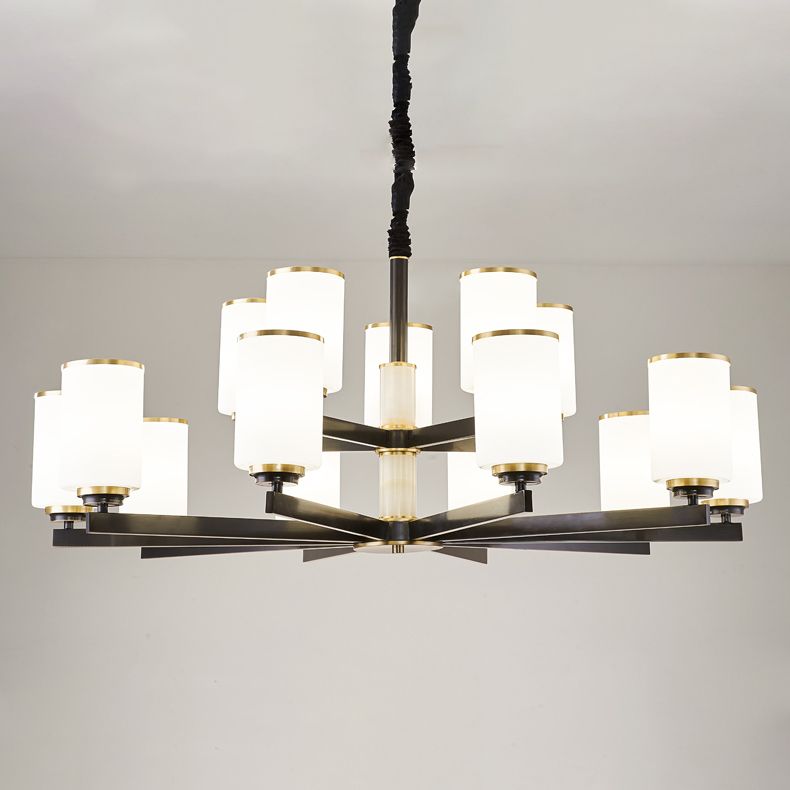 Modern Concise Pendant Light Metal Cylindrical Chandelier with Glass Shade
