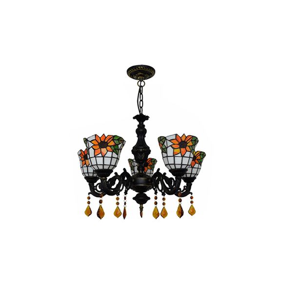 Bell Chandelier Tiffany Stained Glass 5 Lights Decorative Suspension Light with Sunflower Pattern