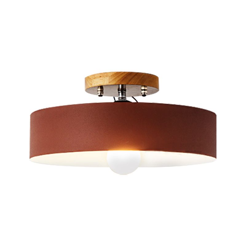 Drum Semi Mount Lighting Modernist Metal 1 Light 12" W Gray/White/Red/Pink Ceiling Mounted Fixture for Living Room