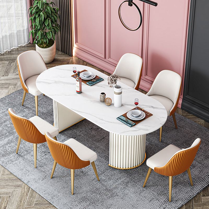 Glam Sintered Stone Top Kitchen Dining Table Oval Standard Dining Table with Double Pedestal Bases