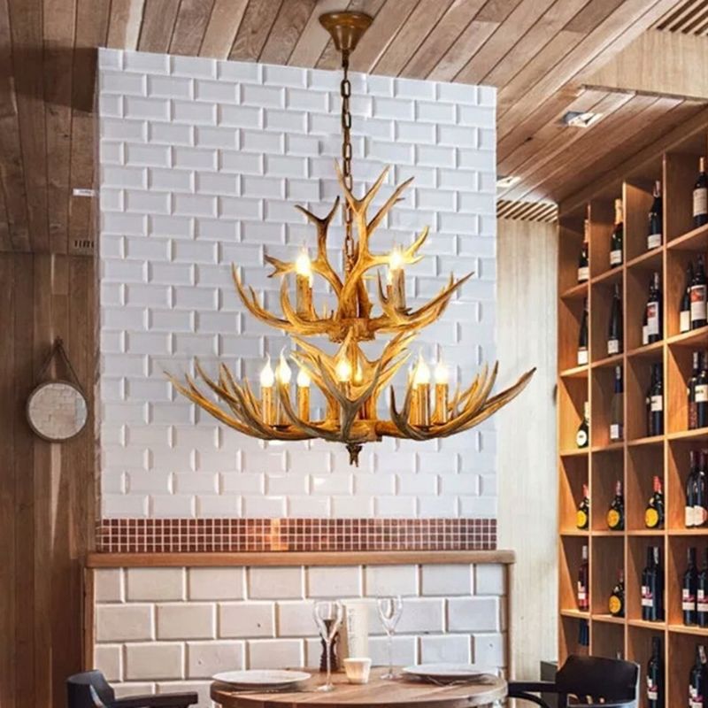Wood Finish Antler Chandelier Lighting Rustic Resin Living Room Ceiling Suspension Lamp