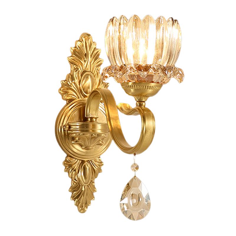 1-Bulb Lotus Wall Light Sconce Antique Brass Clear Glass Wall Mounted Lamp for Living Room