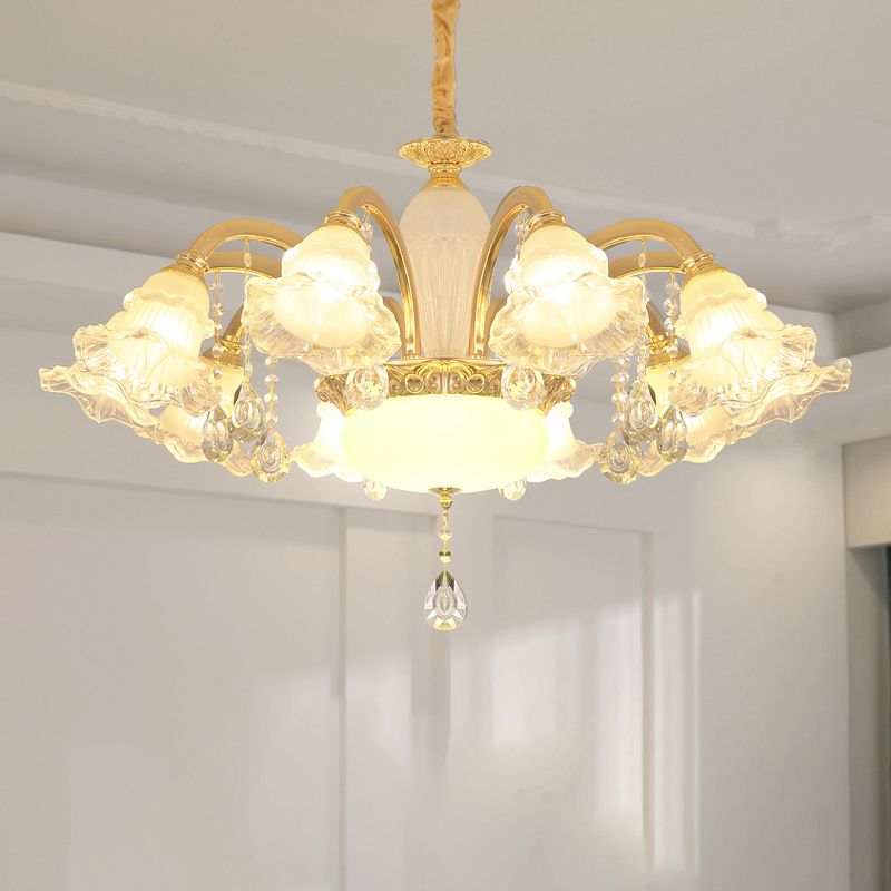 Gold Floral Shade Ceiling Lighting Traditional Ruffle Glass Living Room Chandelier Light with Crystal Draping
