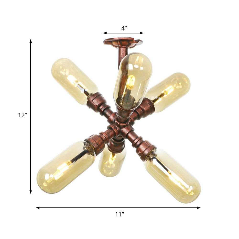 Antique Copper 4/6 Lights Ceiling Mount Rustic Style Amber Glass Sputnik Semi Flush Light