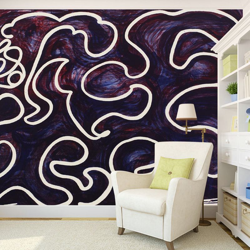 Whole Modern Art Mural Decal in Black-Purple White Lines Dancing in Printing Ink Painting Wall Decor, Optional Size