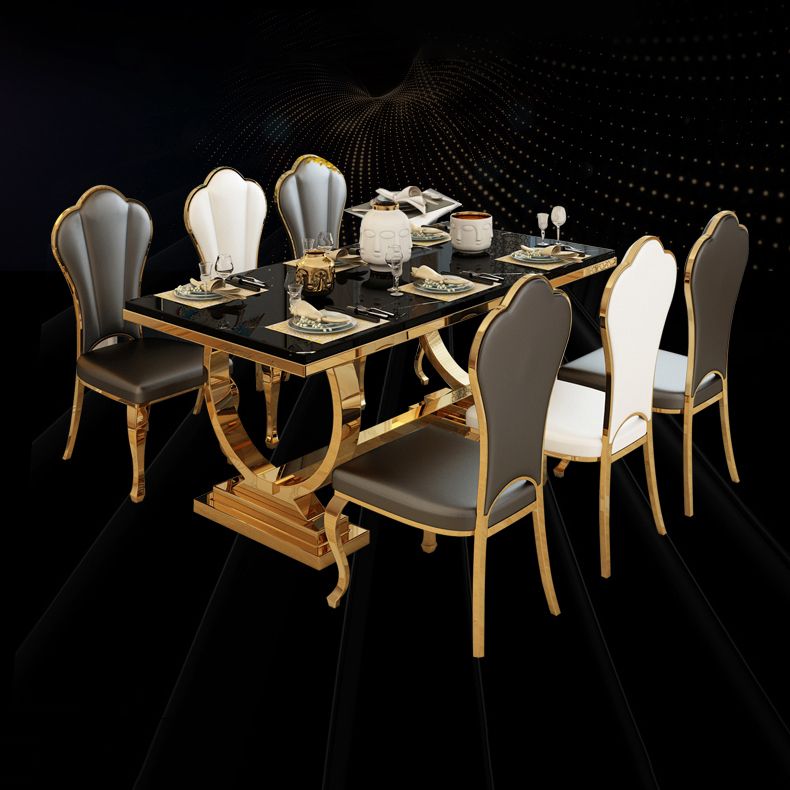 Mesa de comedor de mármol con forma rectangular Glam, mesa de comedor estándar con bases de pedestal dobles