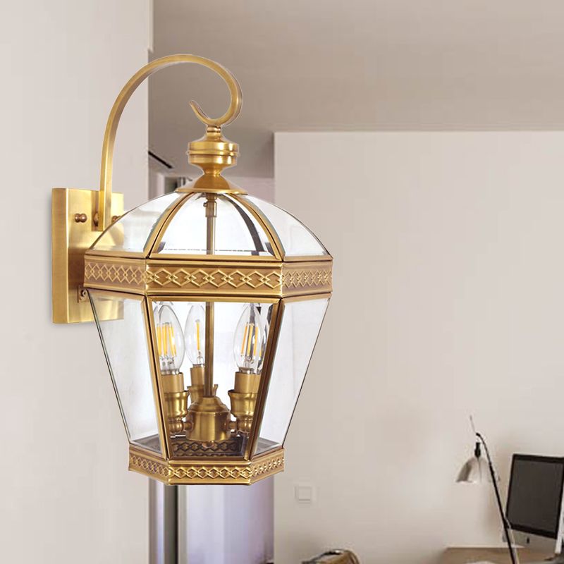 Pot Wall Lampe traditionnelle Verre transparent 3 ampoules en laiton Graphique luminaire pour chambre à coucher