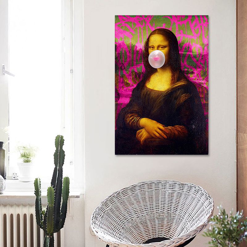 Canvas Textured Art Print Contemporary Mona Lisa Chewing Gum Wall Decor in Red-Brown