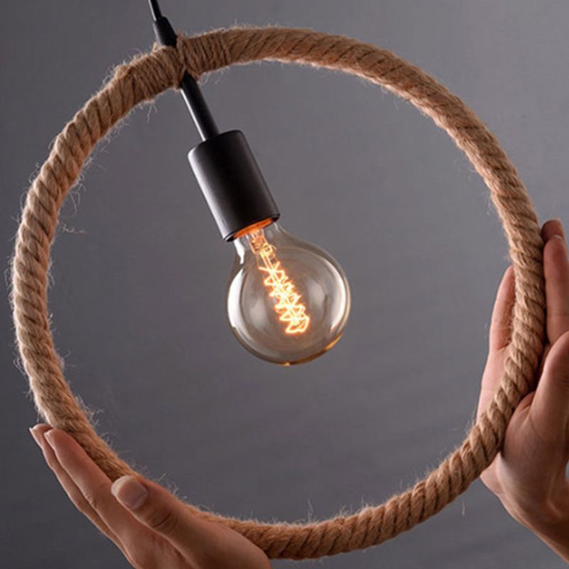 Roped Geometric Frame Pendulum Light Minimalist Single Dining Room Pendant Light Fixture in Brown
