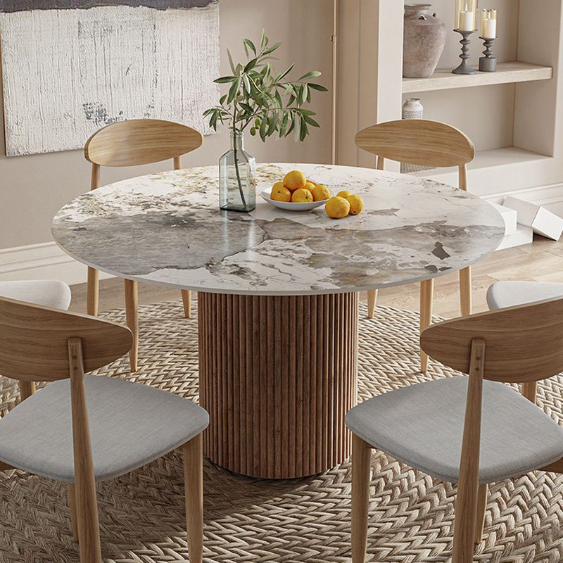 Contemporary Pedestal Table Wood Base Round Stone Dining Table for Home Kitchen