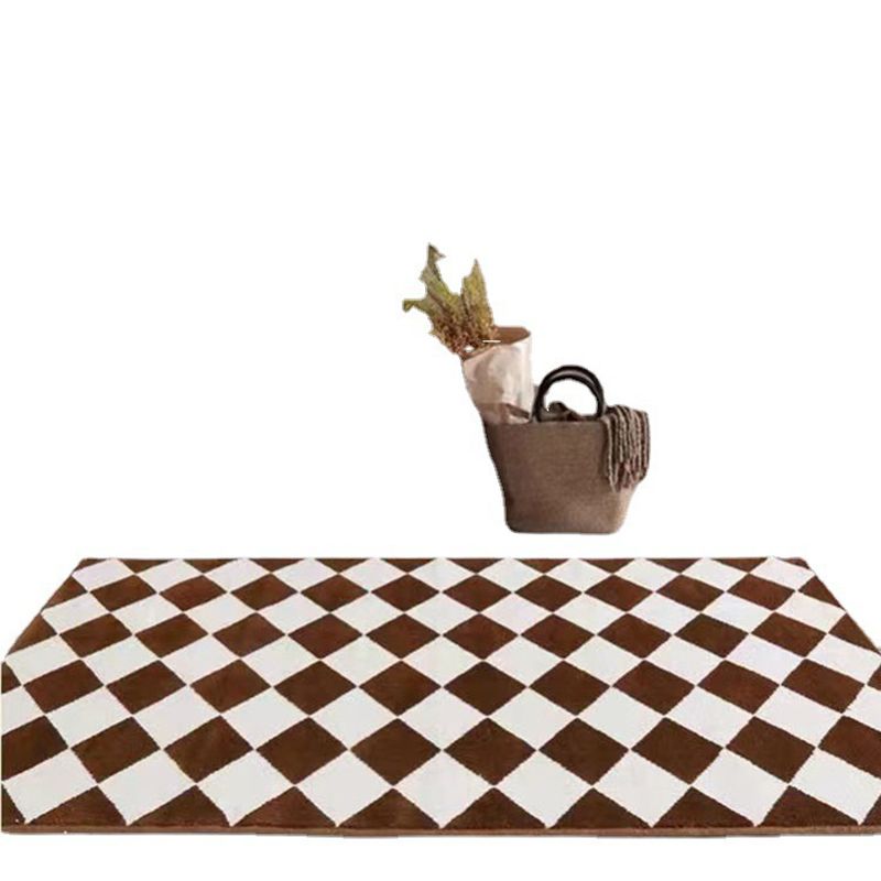 Brown Minimalist Rug Polyester Grid Rug Stain Resistant Rug for Home Decor