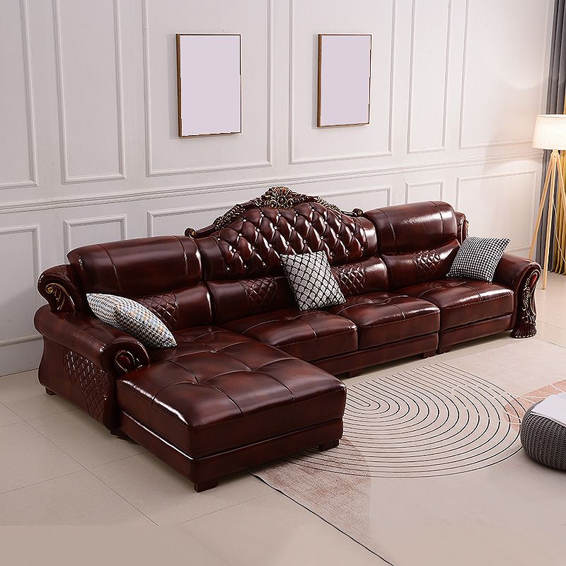 Genuine Leather Rolled Arm Sectional 36.22"High Camel Back Sofa, Dark Brown