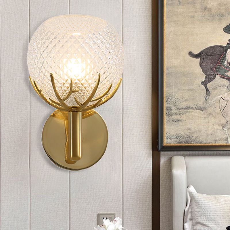 Global Wall Lamp Contemporary Style Frosted Lattice Glass 1 Light Brass Finish Wall Light Sconce