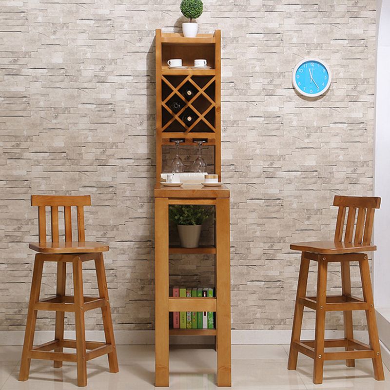 Brown Pine Wood Bistro Table with Storage Modern Pub Table for Home