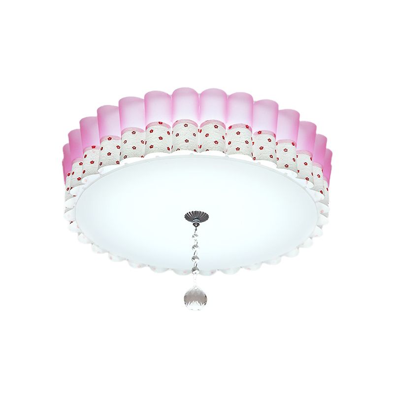 Pink Drum Flush Mount Lighting Pastoral Acrylic LED Bedroom Ceiling Light with Wavy Trim and Crystal Ball