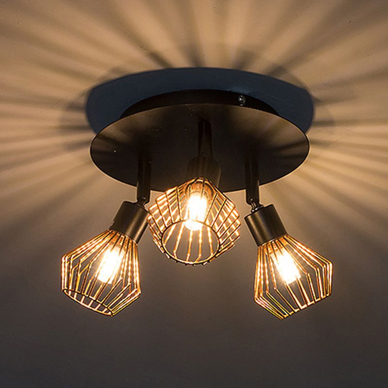 Industrial Style 3 Lights Angle Adjustable Ceiling Light with Rose Gold Metal Cage Shade