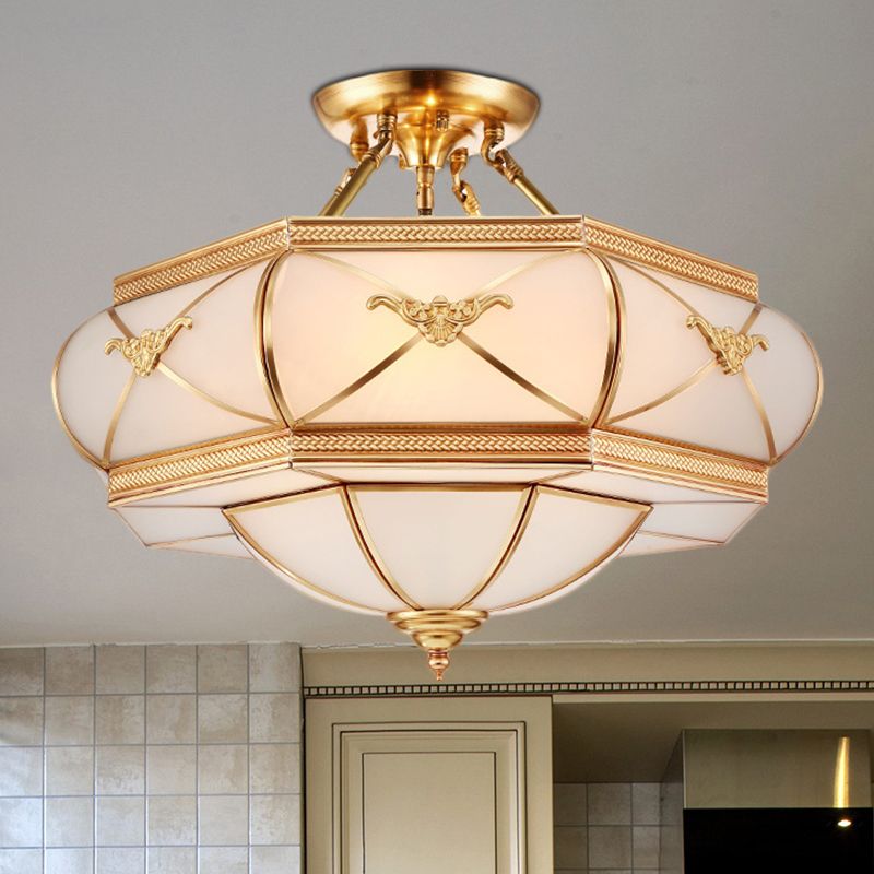 Hat Semi Flush Light Colonial Opal Glass 6 Heads Brass Ceiling Mounted Fixture for Living Room, 16"/18"/21.5" Wide