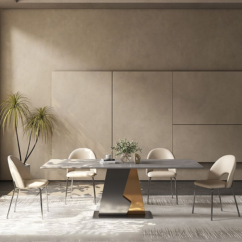 Industrial Sintered Stone Dining Table in Grey Rectangle Dining Table with Pedestal Base