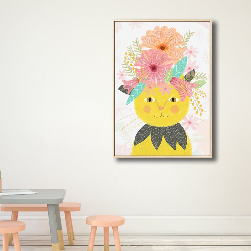 Cartoon Pet Wearing Flowers Art Print Canvas Textured Colorful Wall Decor for Nursery