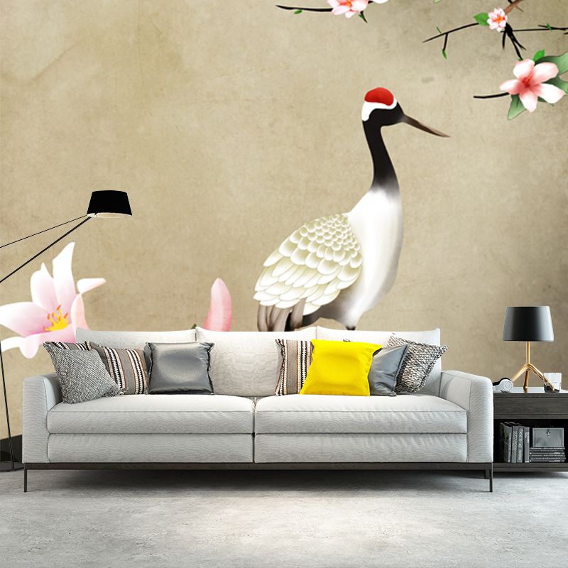 Light Brown Chinese Wallpaper Mural Whole Flower and Red-Crown Crane Wall Art for Home