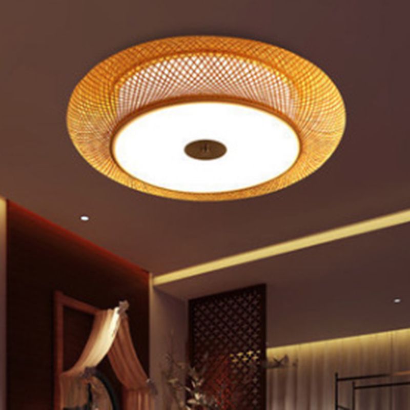 Asian Bamboo Flush Mount Lighting Rounded Drum Ceiling Light for Living Room