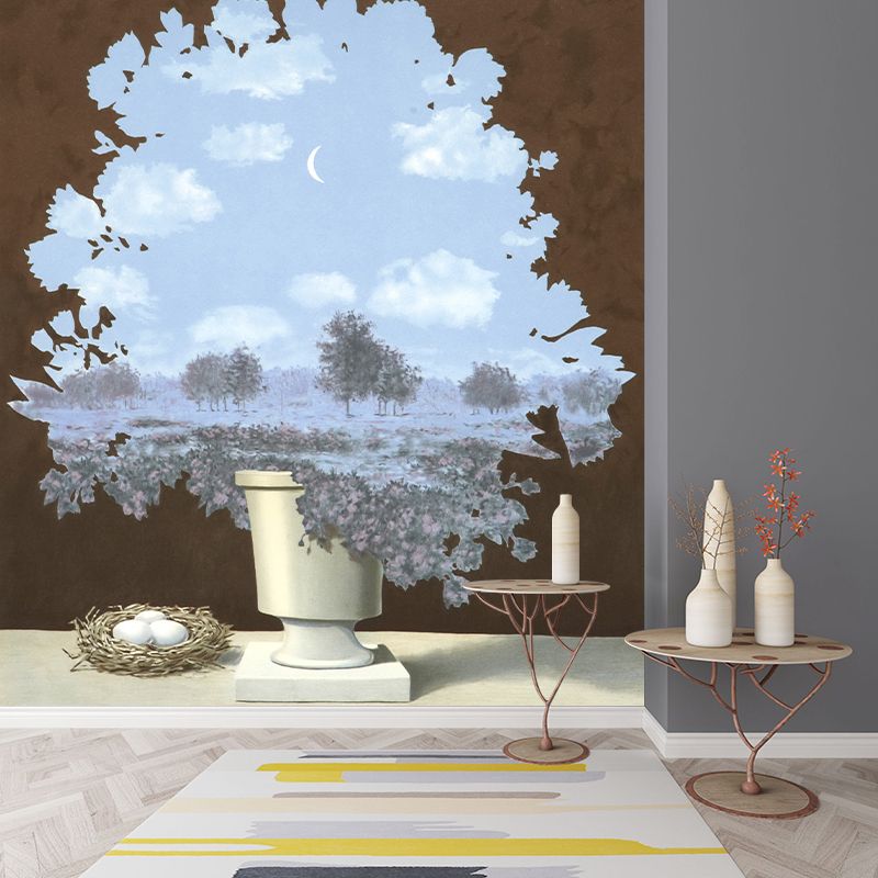 Surreal Cutouts Tree Drawing Murals in Blue-Brown Stain Proof Wall Decor for Dining Room