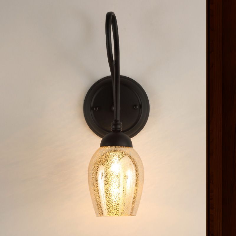 1/2-Light Wall Sconce Lighting Curved Arm Crackled Mercury Glass Industrial Bedroom Light Fixture in Black