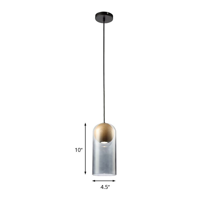 Cilindro Cilindro de lámpara de luz de humo moderno de vidrio gris comedor colgando con sombra de madera de globo en el interior
