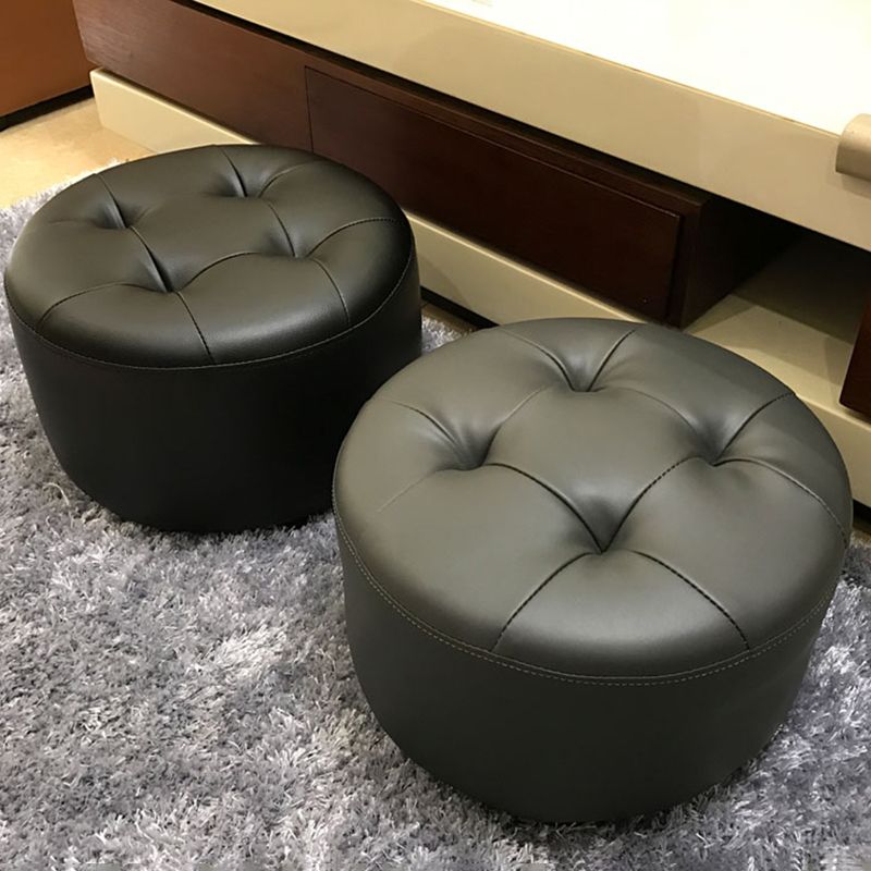 Contemporary Pouf Ottoman Faux Leather Upholstered Tufted Cylinder Shape Ottoman