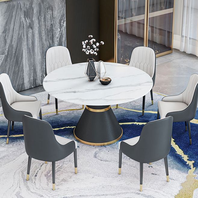 Round Stone Dining Table Black Base Traditional Luxury Dinette Table in White