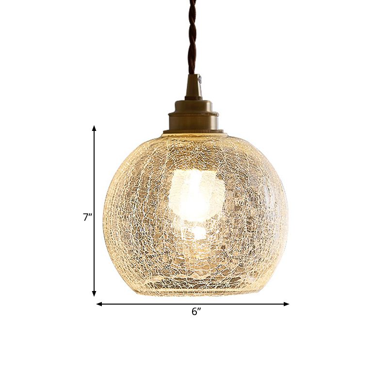 Minimalist Spherical Hanging Light Kit Translucent Crackle Glass 1-Light Dining Room Pendant Lighting Fixture