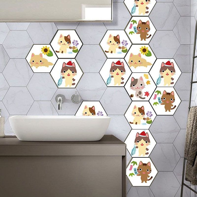 Cartoon Kids Wallpaper Panel Set with Kitty Pattern Brown-White Wall Art, Removable