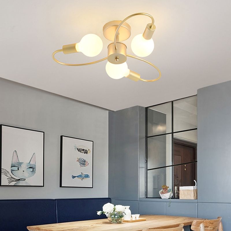 Golden Multi Head Ceiling Light Industrial Metal Semi Flush Mount Lamp for Living Room