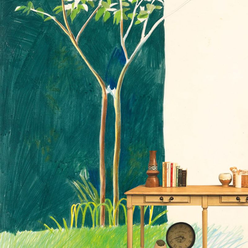 Blue-Green Small Tree Murals Wallpaper Waterproofing Wall Covering on Yellow for Bedroom
