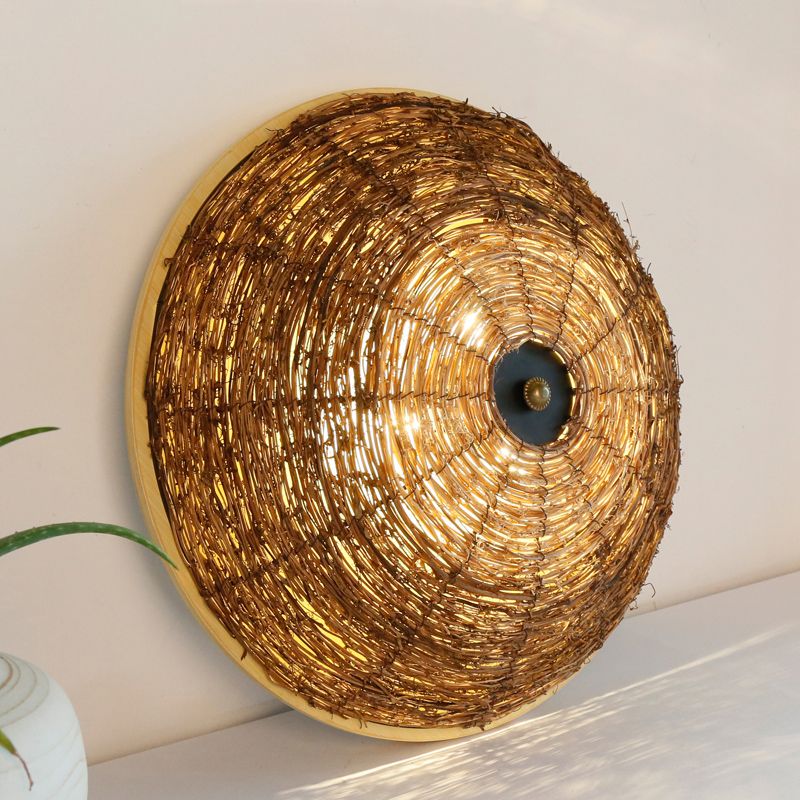 Bowl Flush Ceiling Lamp Tradition Rattan Wood 3 Bulbs Ceiling Light Fixture, 12.5"/16.5" Wide