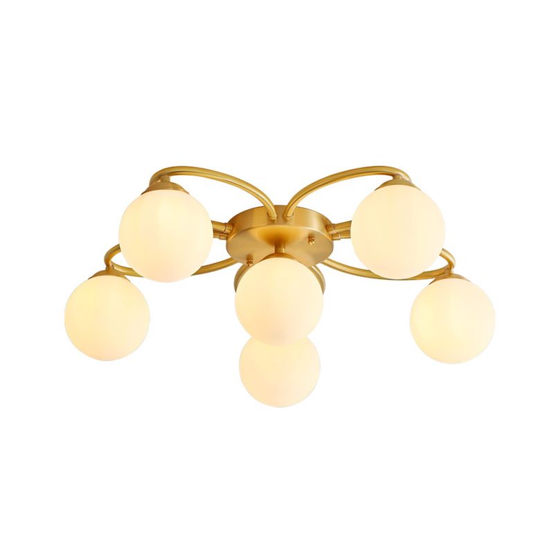 Orb Bedroom Semi Flush Light Opal Verre 6 Heads Modernisme Ligne de plafond Flush en or avec conception de fleurs
