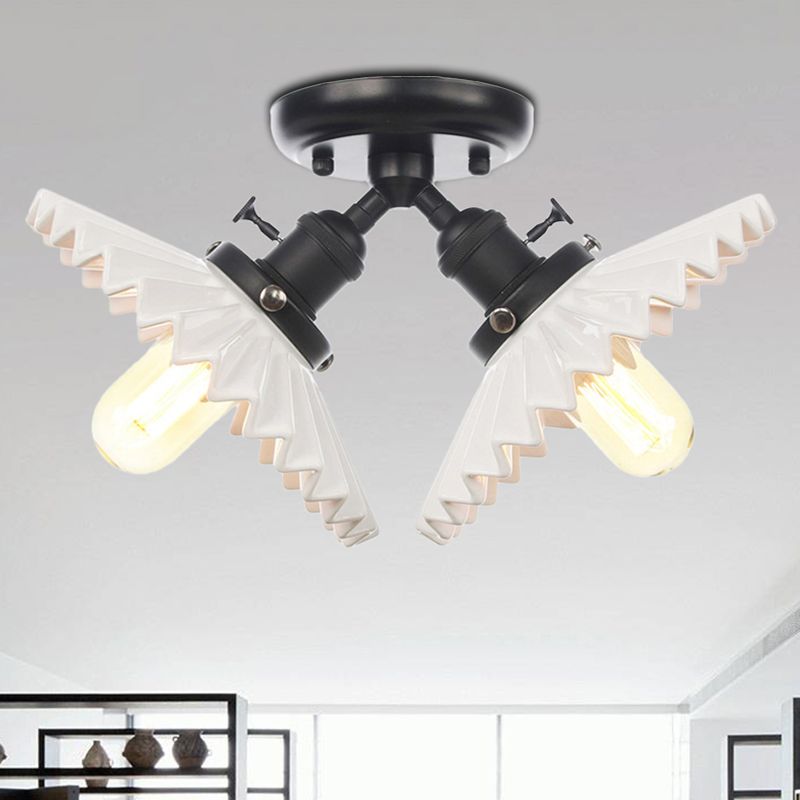 2 Bulbs Restaurant Ceiling Lighting Warehouse Style Black/Bronze Semi Flush Mount Light with Scalloped Milk Glass Shade