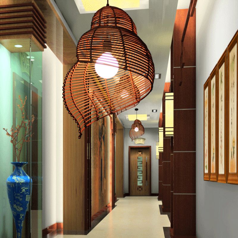 Shell Shaped Hallway Pendant Lamp Rattan 1-Light Asian Hanging Light Fixture