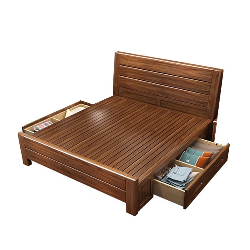 42.12" High Panel Bed with Storage Brown Walnut Bed with Headboard