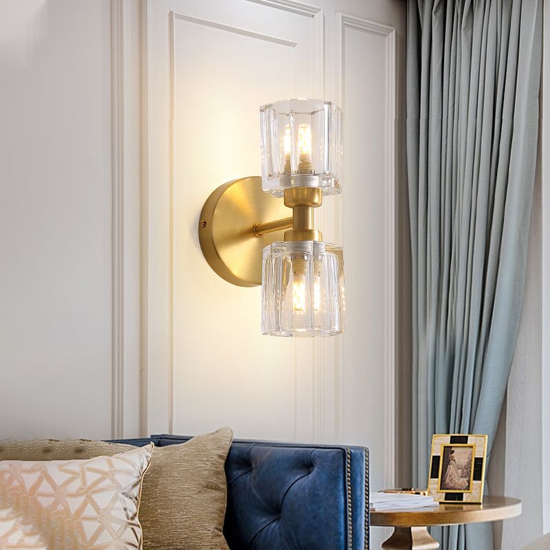 Tapered Living Room Wall Light Clear Crystal 2 Bulbs Modern Style Wall Sconce Lamp in Gold Finish