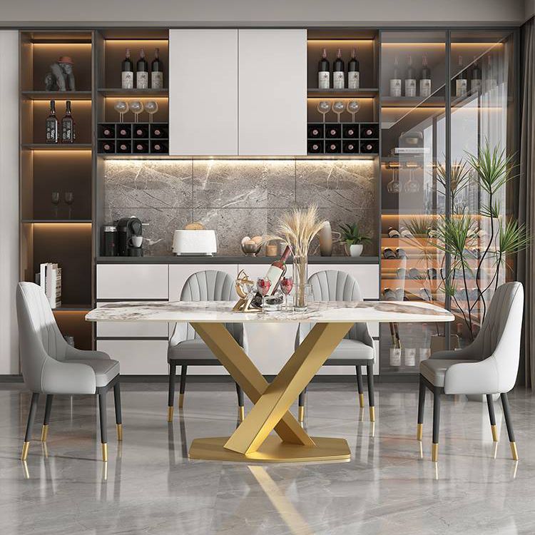 Glam Rectangle Dining Table Sintered Stone Table with Metal Leg for Home