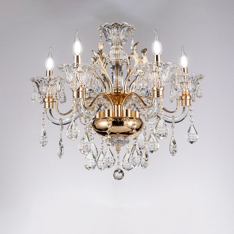 Clear Crystal Teardrop Chandelier Light Classic 6/8-Light Bedroom Hanging Pendant in Gold with Twisted Arm