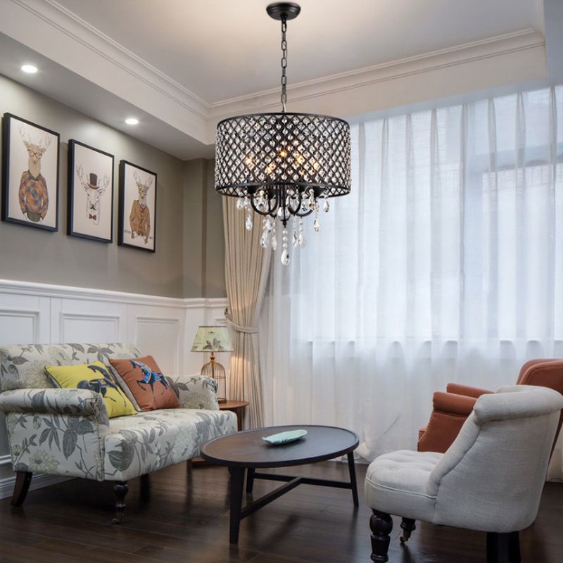 Crystal Black/Chrome Pendant Lamp Drum Shaped 4 Lights Rustic Chandelier Light Fixture for Dining Room