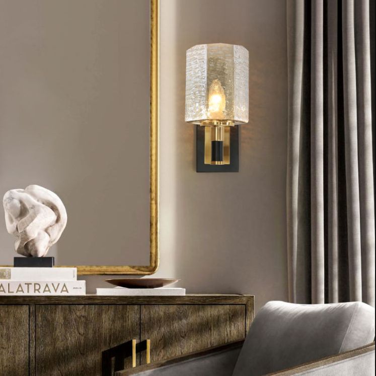 Black and Gold Wall Lamp in Modern Luxury Style Iron Inverted Wall Light with Ripple Glass Shade