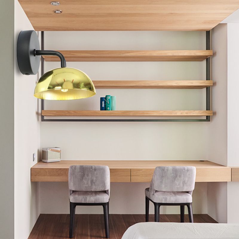 1 Light Wall Sconce Industrial Dome Shade Metal Down Wall Light with Curved Arm in Black/Brass for Bedroom