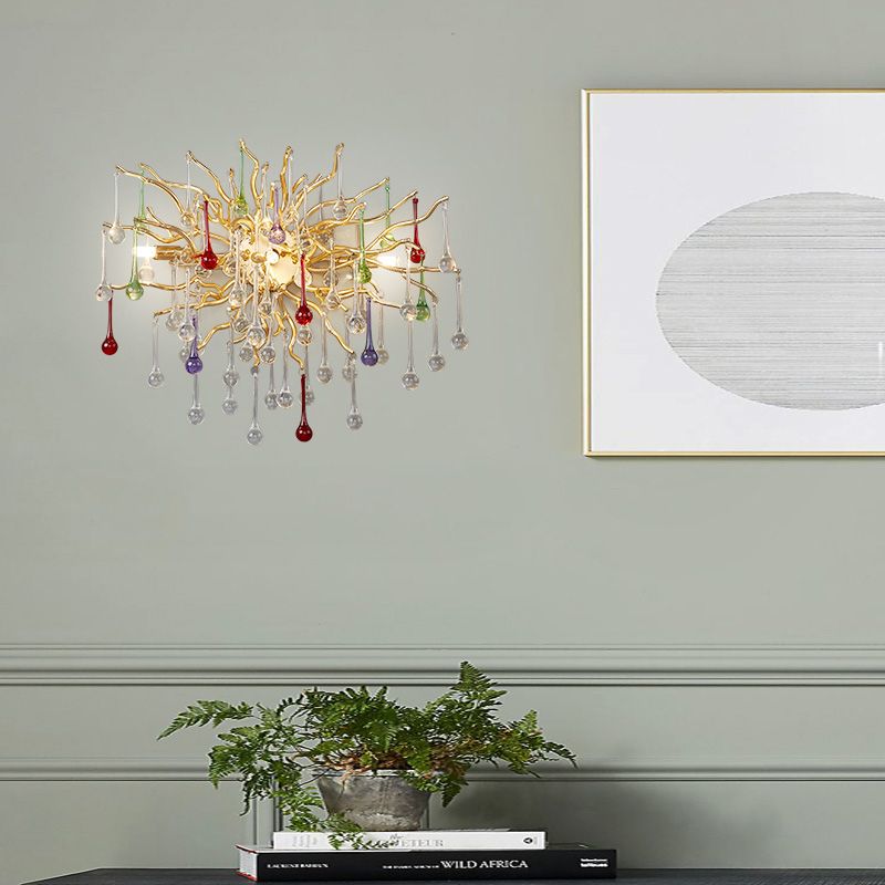 Starburst Wall Mount Light Art Deco Clear/Smoke Gray/Multicolor Waterdrop Crystal 3 Heads Gold Sconce Light Fixture