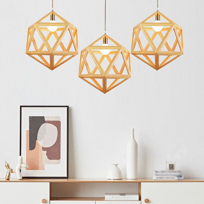 Wooden Geometric Cage Pendant Lamp Novelty Minimalist Single Ceiling Light Fixture for Restaurant