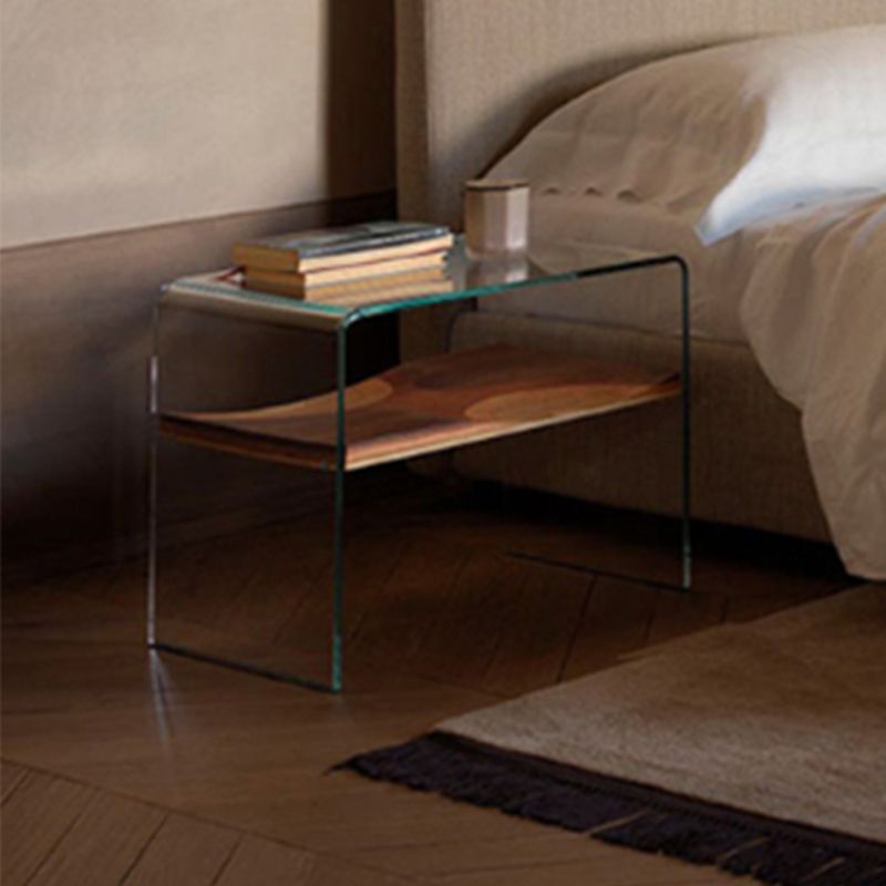 Contemporary Glass Sofa Side Accent Table with Sled Base and Shelf